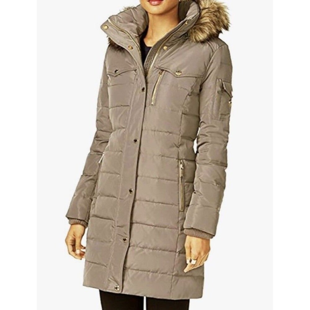 Michael Kors Women's Faux-Fur Trim Hooded Puffer Coat Jacket Gray Nylon Size XXL
